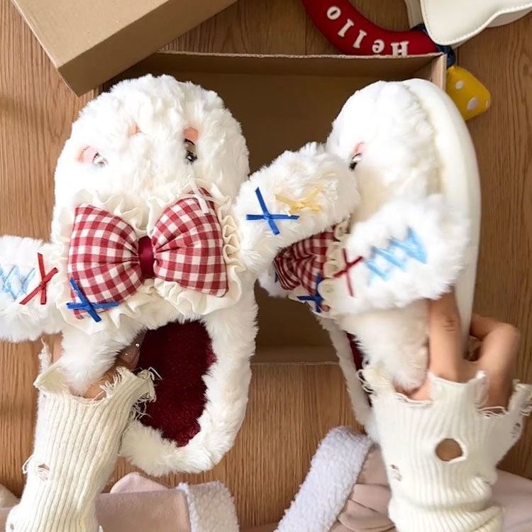 可爱蝴蝶结兔子棉拖鞋女冬季少女心居家室内保暖毛绒包头防滑拖鞋