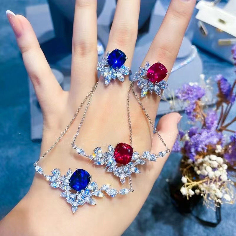 AU750白金蓝红宝石项链18K进口D色莫桑石镶嵌可过笔吊坠锁骨链潮