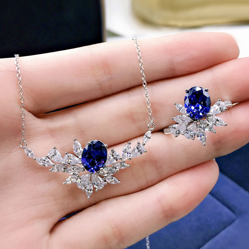 PT950铂金蓝宝石项链镶嵌进口莫桑钻粉钻翅膀项链冰花吊坠女奢华