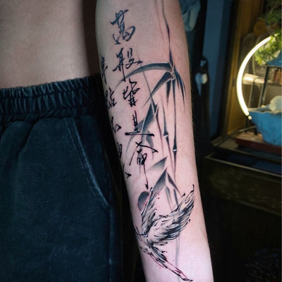 国风书法仙鹤草本纹身贴男半永久不反光防水持久