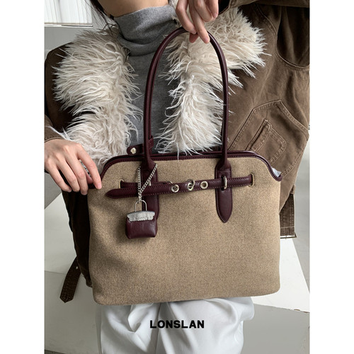 Lonslan BAG 2024秋冬新款高级质感呢料拼接小包挂件单肩包包