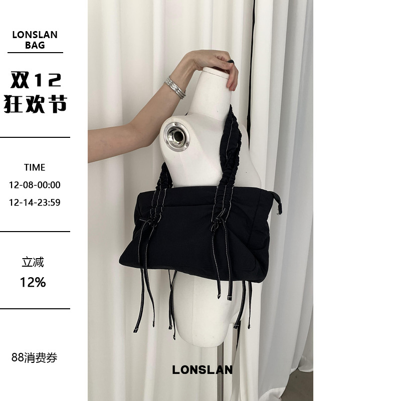 Lonslan BAG 2024黑色抽绳蝴蝶结百搭大容量包包电脑包
