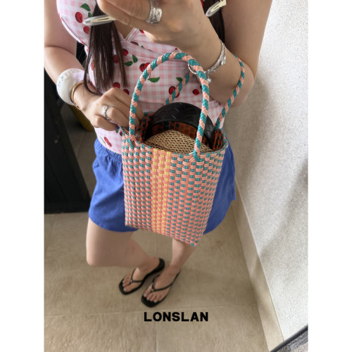 Lonslan Bag 2026新款可爱清晰彩色格子手提编织菜篮子包包