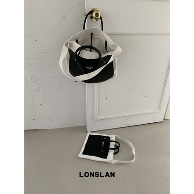 Lonslan Bag 26早秋设计感帆布拼皮手提单肩包大容量铂金包
