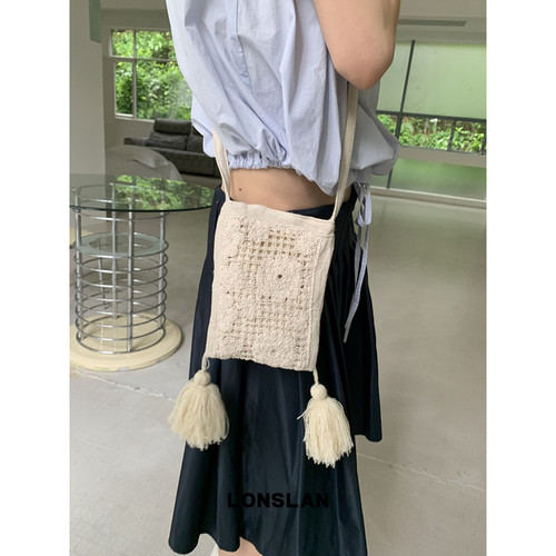 Lonslan BAG 2026春夏手工编织流苏刺绣手机包斜挎mini包