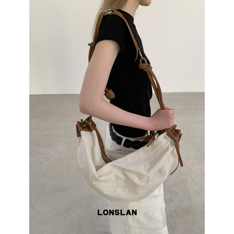 Lonslan BAG 2026春夏极简撞色慵懒风小众牛角包编织绳大容量包包图片