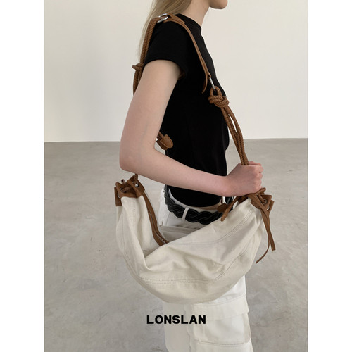 Lonslan BAG 2026春夏极简撞色慵懒风小众牛角包编织绳大容量包包