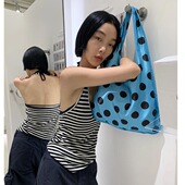 Lonslan BAG 2025NEW韩系设计感波点蓝色布艺双面背单肩包