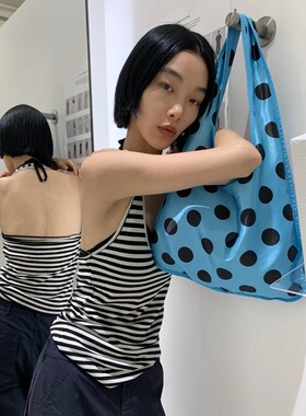 Lonslan BAG 2025NEW韩系设计感波点蓝色布艺双面背单肩包