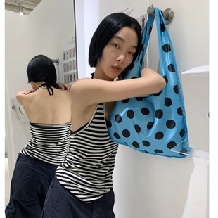 Lonslan BAG 2025NEW韩系设计感波点蓝色布艺双面背单肩包