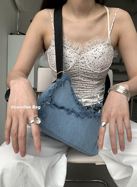 Lonslan BAG 23SUMER NEW小众牛仔布毛边不规则单肩斜跨腋下包女