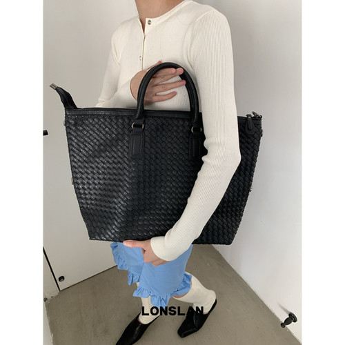 Lonslan BAG 2024WINTER黑色复古编织大容量手提包包高质感斜挎包