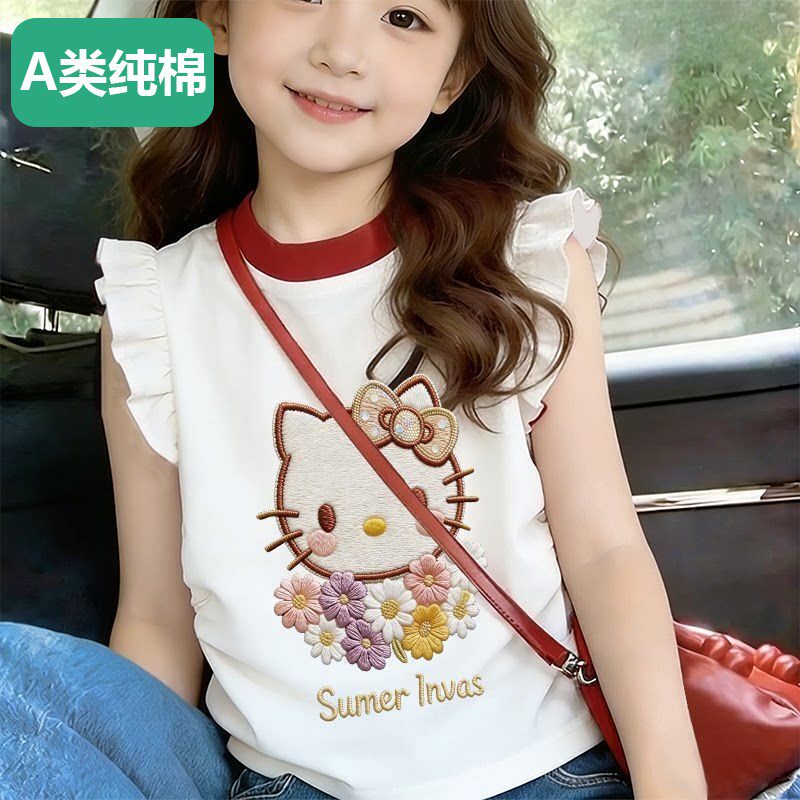 全棉女童纯棉短袖T恤100%纯棉夏季女孩半袖儿童打底衫中大童无袖