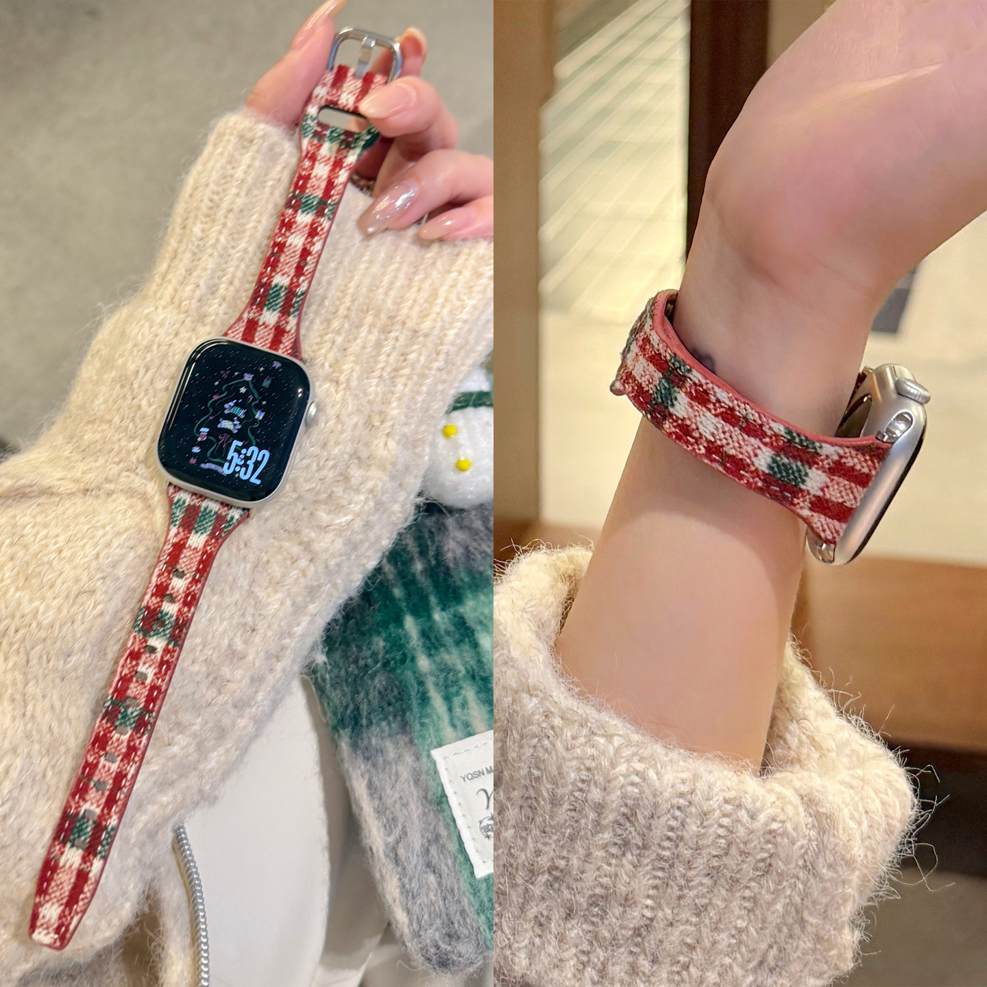 适用iwatchs11圣诞毛呢皮质表带