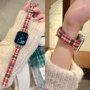 4腕表带46mm高级感时尚 圣诞毛呢皮质表带适用iwatchs11苹果手表带s10秋冬s9新年款 se复古ultra格纹女