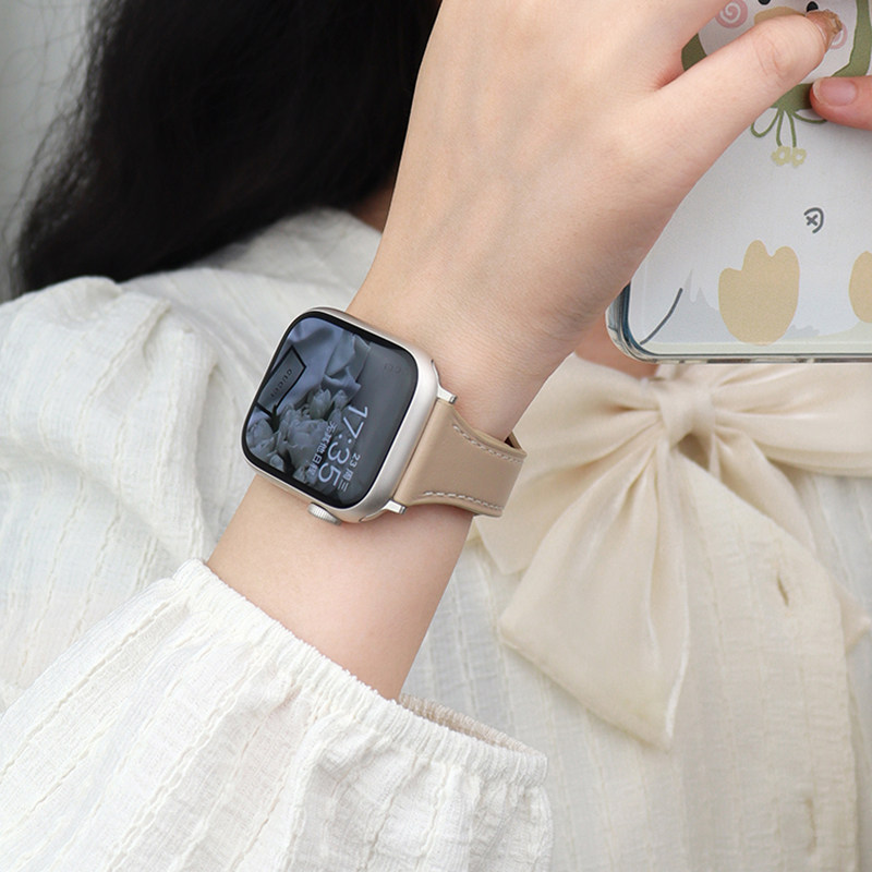 适用applewatch9小蛮腰皮质表带iwatch8细款皮表带S10苹果手表7/6/se代真皮高级感新款ultra腕带女42/46mm潮