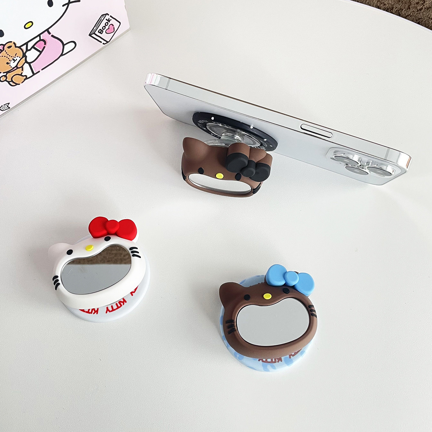 卡通可爱手机支架Hello Kitty造型便携手机座适用苹果固定支架强吸附力桌面懒人支架ins镜面磁吸气囊手机支架