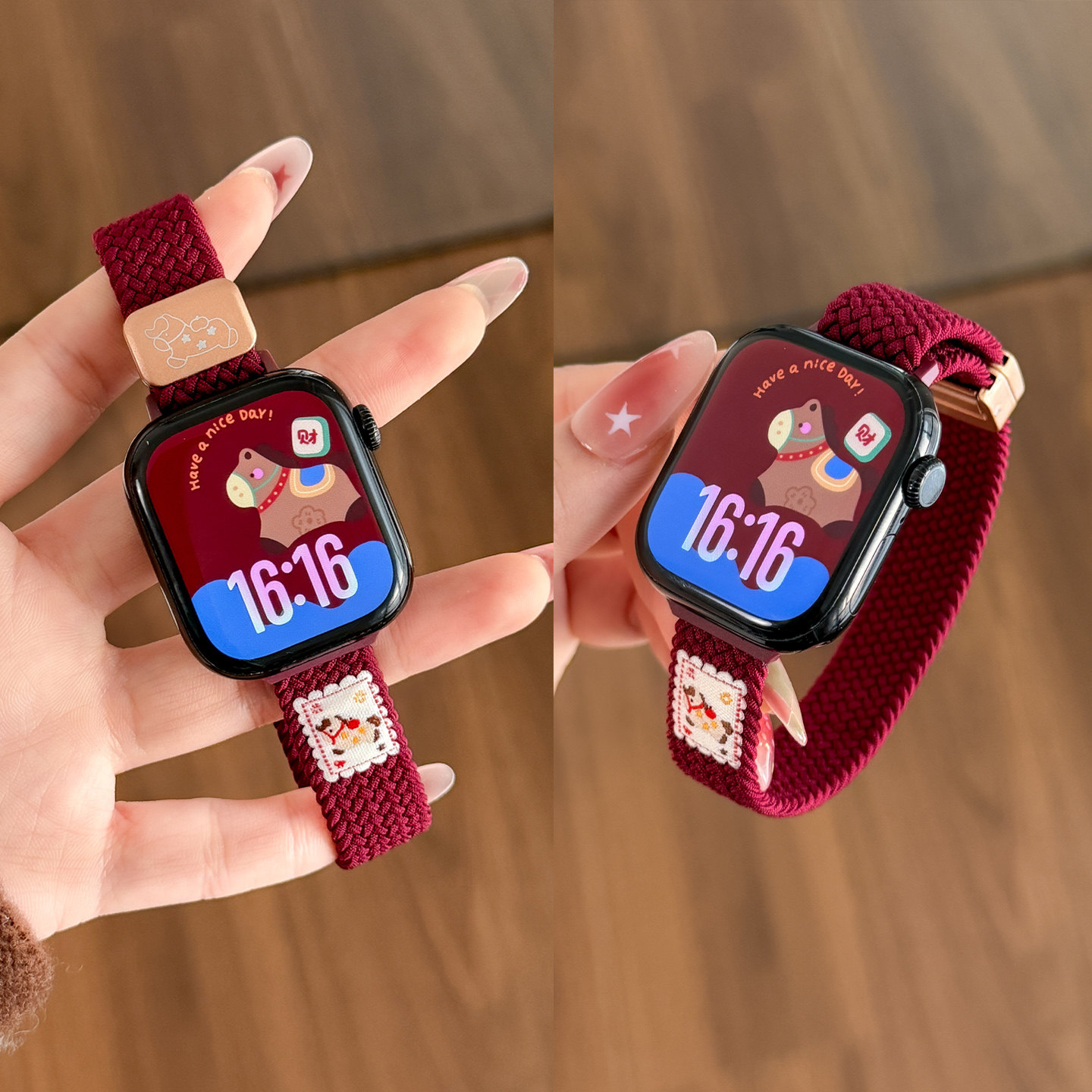 适用于苹果S11手表表带尼龙编织applewatch11/10/9透气可爱小马S8秋冬智能手表马年S7/6/SE红色新年新款女士