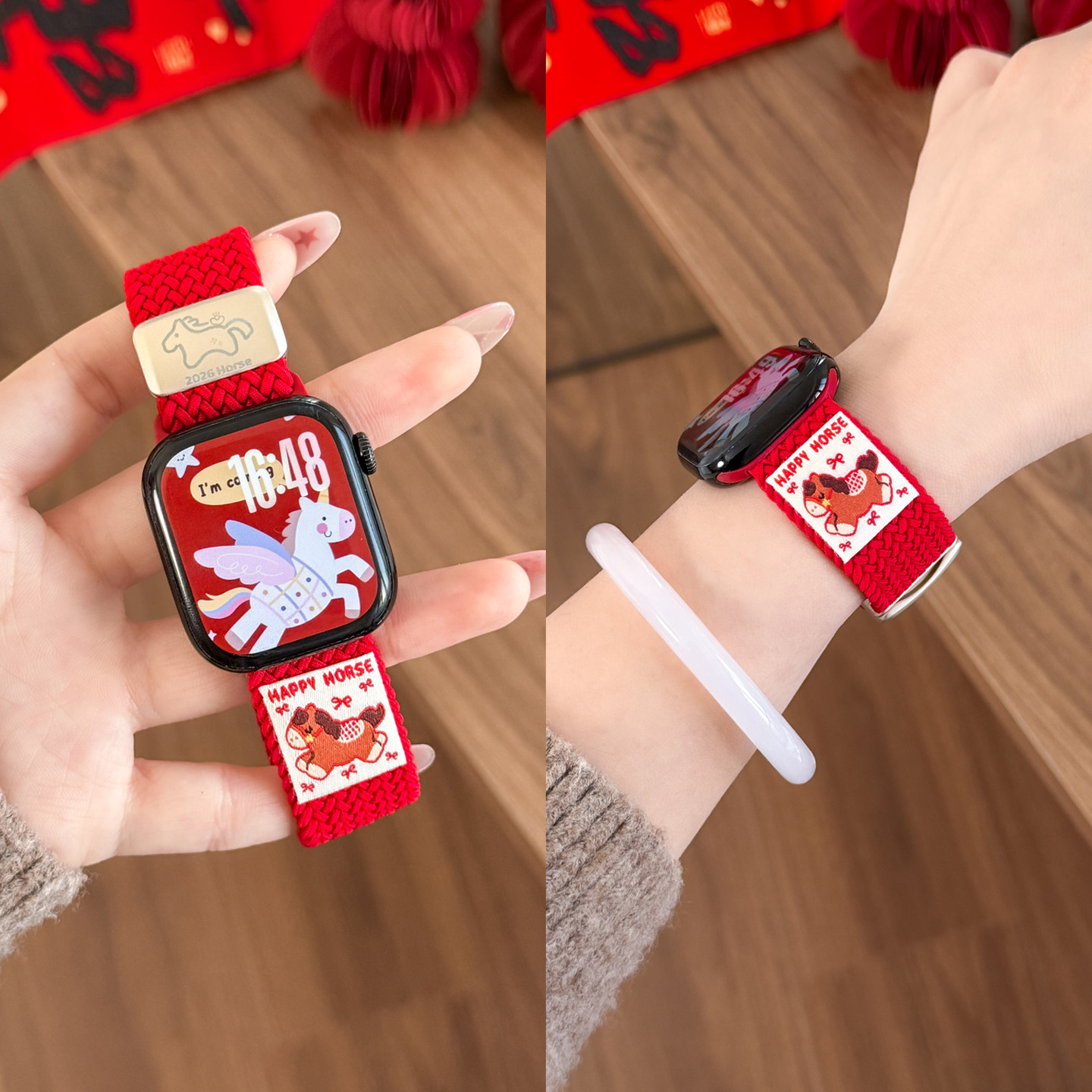 适用苹果S11手表带尼龙applewatch10新年红色iWatchs10秋冬可爱男款S9女款时尚se3代小众高级感腕带42mm细款