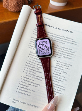 适用于applewatch11手表表带iwatchs11/10苹果手表带s9皮质气质腕带s8/7/6/5/se秋冬ultra红色修身替换带女款
