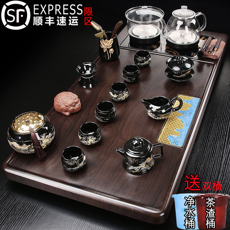 家用1米实木茶盘功夫茶具套组全自动玻璃底部上水烧水壶一体茶台