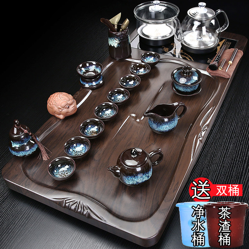 全自动茶盘实木一体办公整套茶具茶海玻璃烧水壶套装加厚茶台家用