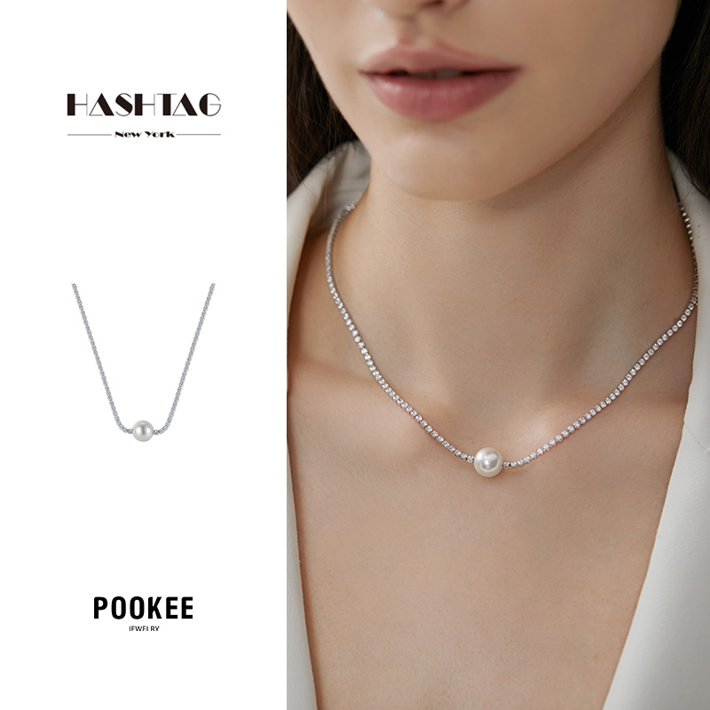 hashtag单颗珍珠满钻软项链