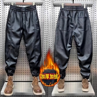 机车骑行抗寒百搭保暖外卖皮裤 皮裤 男士 加绒加厚宽松休闲长裤 冬季