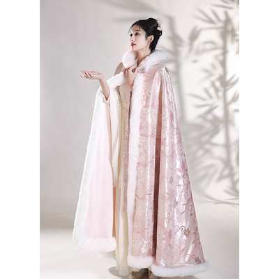粉色新款冬季汉服大氅斗篷龙女毛领连帽古装加绒披肩外套保暖
