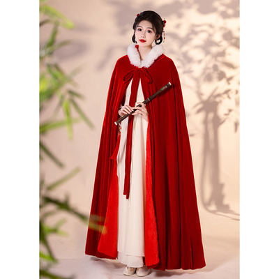 2025年披风汉服女冬季长款古风新娘结婚斗篷加厚加绒保暖红色披肩