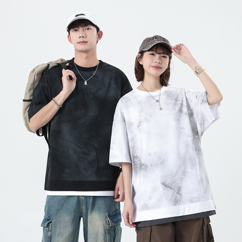 水墨扎染假两件T恤男2026春夏宽松圆领短袖重磅280G棉涤复古休闲,男装,T恤,淘宝优惠券,粉丝福利购,淘宝优惠卷