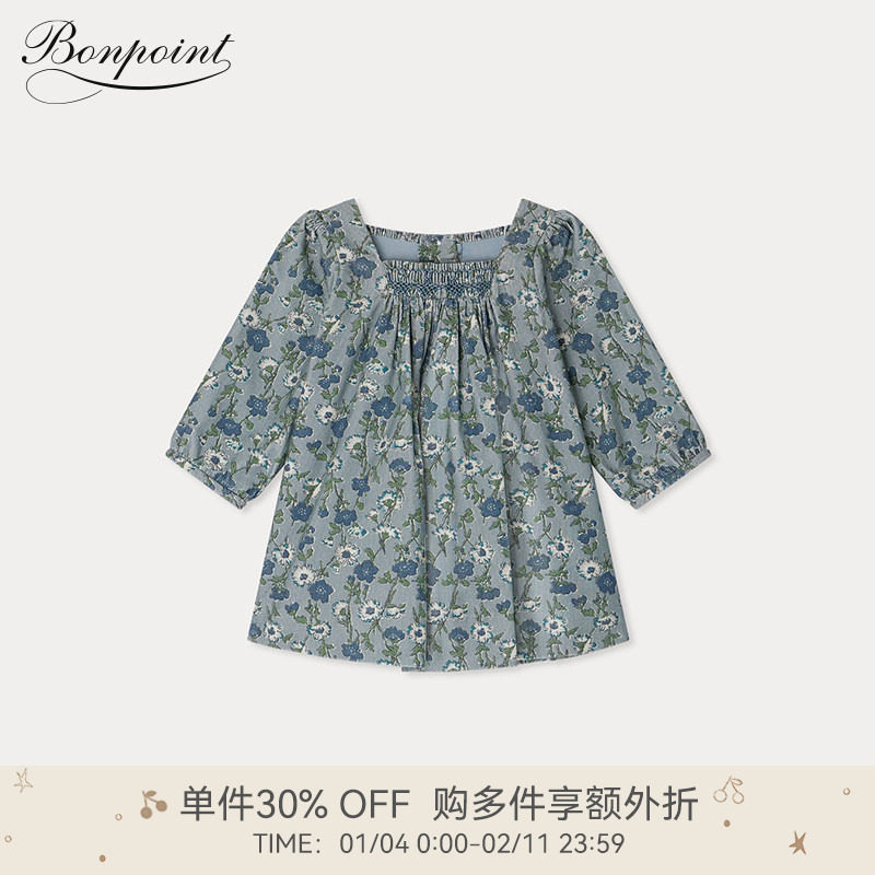 【新品】2025秋冬女小童碎花缩褶长袖连身裙Bonpoint童装
