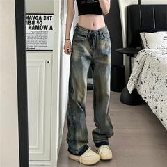 9002up美式高街宽松直筒水洗做旧牛仔裤新款小众炸街设计感裤子男