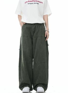 Verborgen军绿色工装牛仔裤美式复古宽松直筒阔腿水洗休闲做旧男