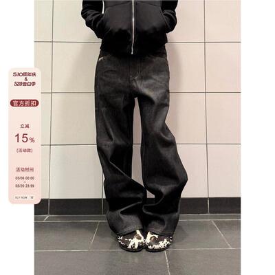 F383 美式复古cleanfit原牛黑色牛仔裤男女潮流休闲宽松阔腿裤子