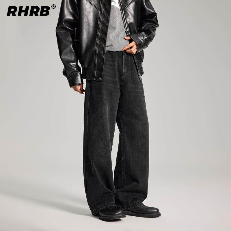 RHRB男士直筒阔腿黑色牛仔裤男款秋冬美式高街黑牛宽松拖地长裤子