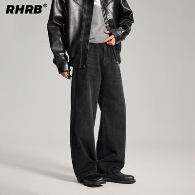RHRB男士直筒阔腿黑色牛仔裤男款秋冬美式高街黑牛宽松拖地长裤子