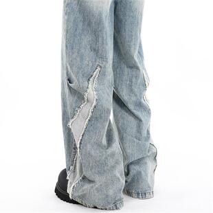 高街宽松直筒微喇裤 FILFR小众设计款 男美式 脚开衩拼接牛仔裤 子 裤