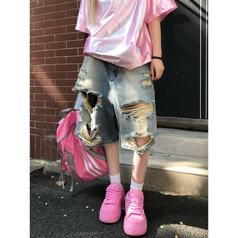 JMJ美式复古水洗破洞时髦牛仔五分裤男女夏宽松休闲百搭潮流短裤