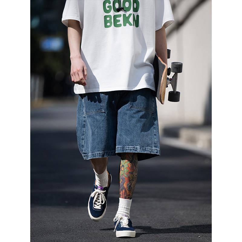 Bellken早起工作室23SS 廓形宽松百搭深色水洗经典口袋牛仔短裤男
