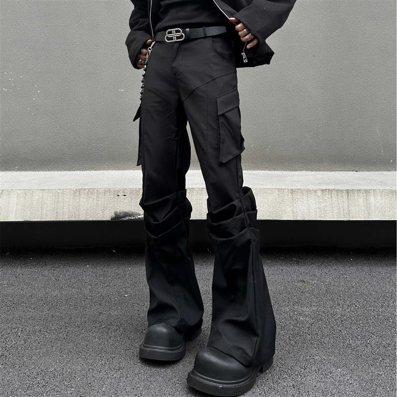 EXTM美式高街口袋褶皱微喇西裤男女cleanfit宽松高级感通勤休闲裤