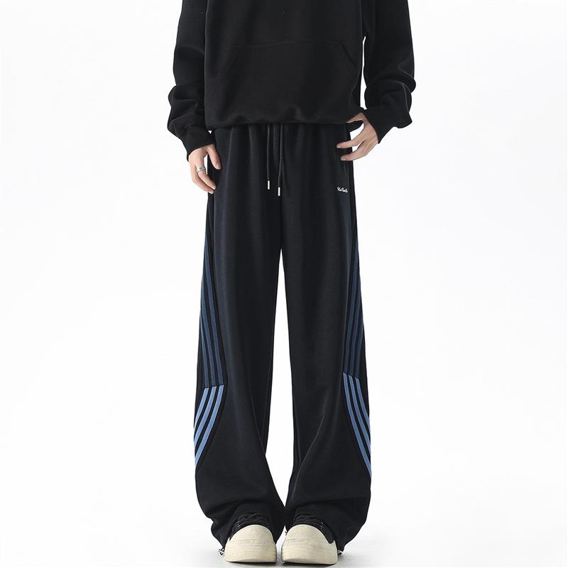 三分焦点 秋冬季重磅条纹卫裤男宽松直筒垂感美式潮牌拖地长裤子