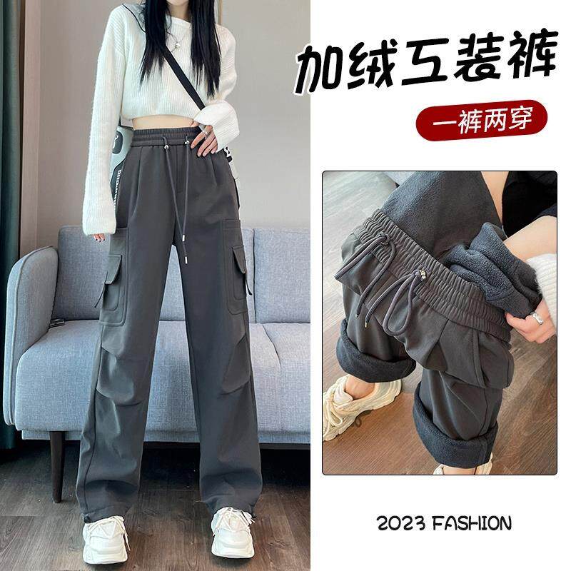 高腰工装阔腿裤女春美式束脚运动裤子2025新款冬宽松登山休闲加绒