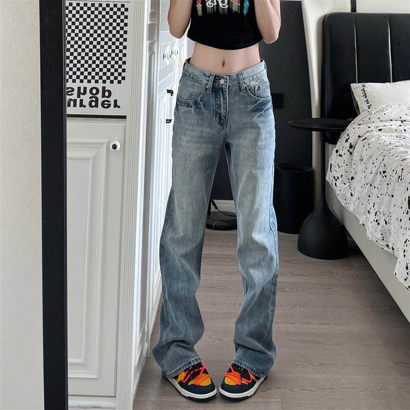 9002up美式复古直筒修身微喇牛仔裤显瘦cleanfit窄版垂感裤子男女