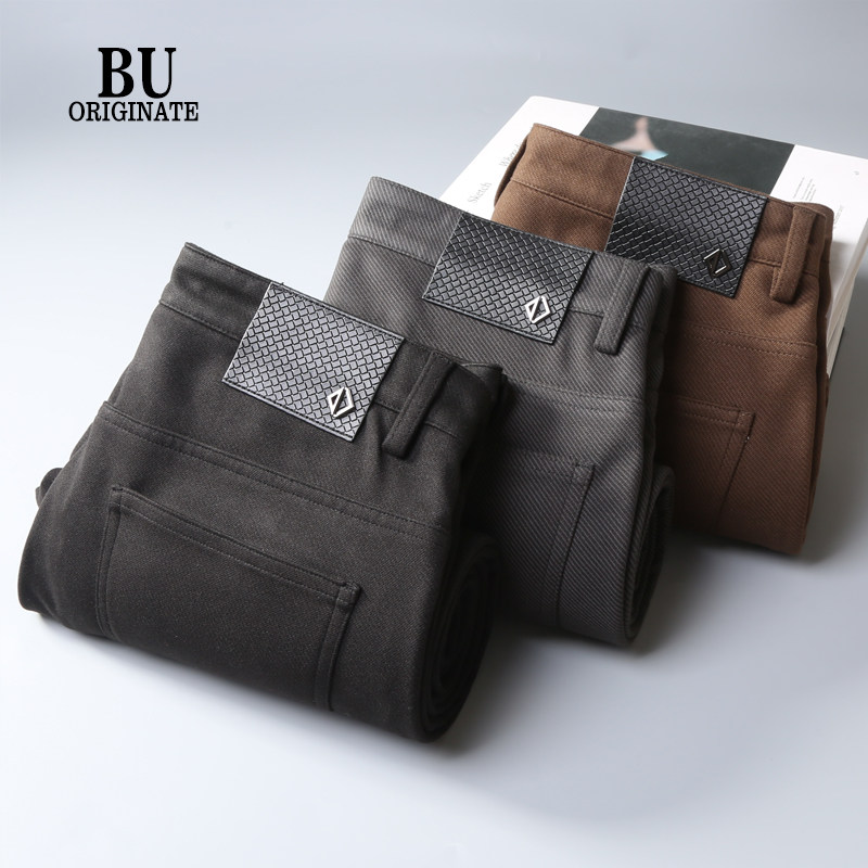 BU秋冬厚款休闲裤男士商务微弹简约中腰修身斜纹秋季长裤男抗皱