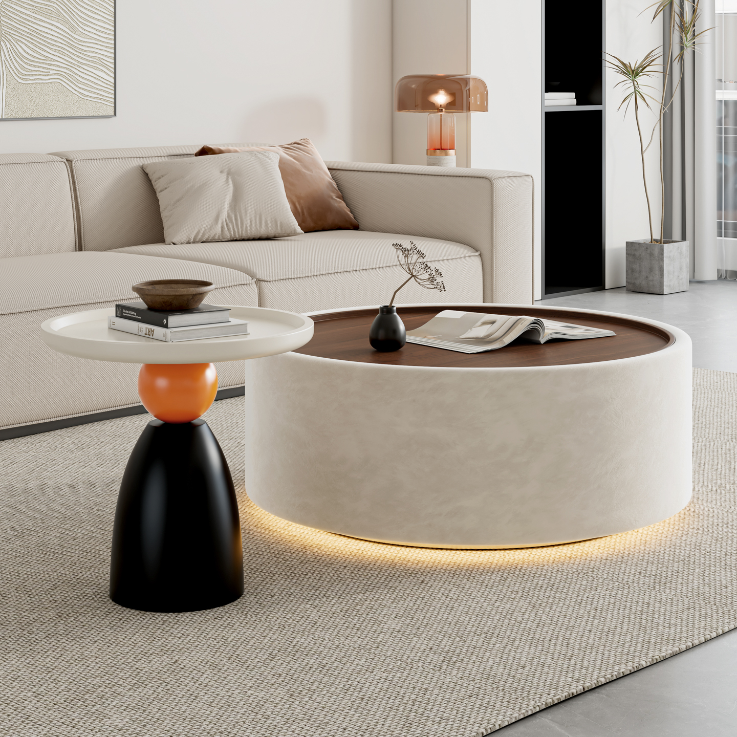 意式圆形带灯茶几桌组合