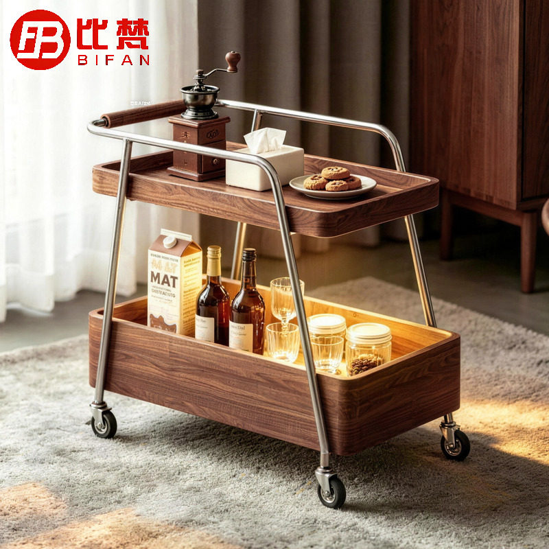 中古风可移动折叠藤编边几餐车图片
