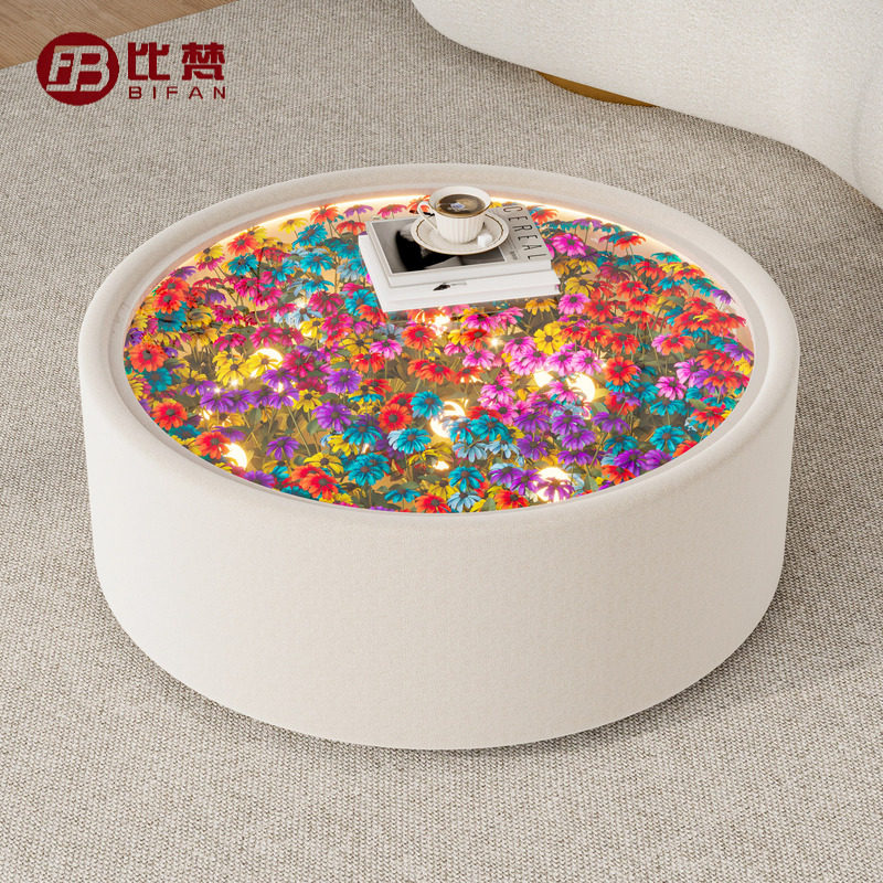 花海茶几客厅家用圆形带灯意式茶几桌小户型轻奢高级感设计师桌子