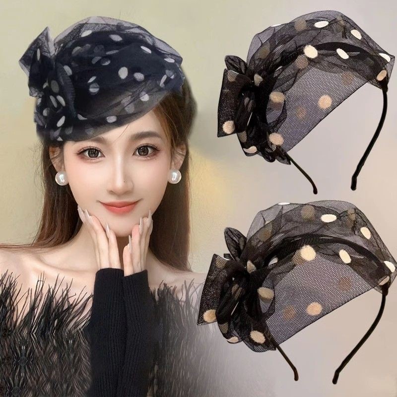 波点网纱薄款蝴蝶结发箍遮白发宽边发卡女名媛风时尚半帽头箍礼帽