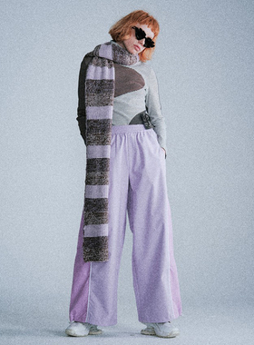 Lapaki Paka 紫色拼接运动工装裤 同色系碰撞松紧腰阔腿休闲裤